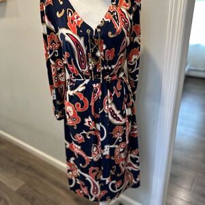 Charter Club Navy & Multicolor Paisley Lace-Up Belted Dress – Size S